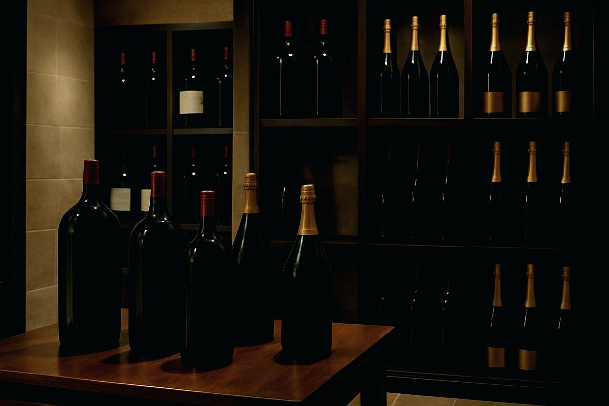 Adega sofisticada com garrafas raras de Bordeaux e Champagne em grandes formatos
