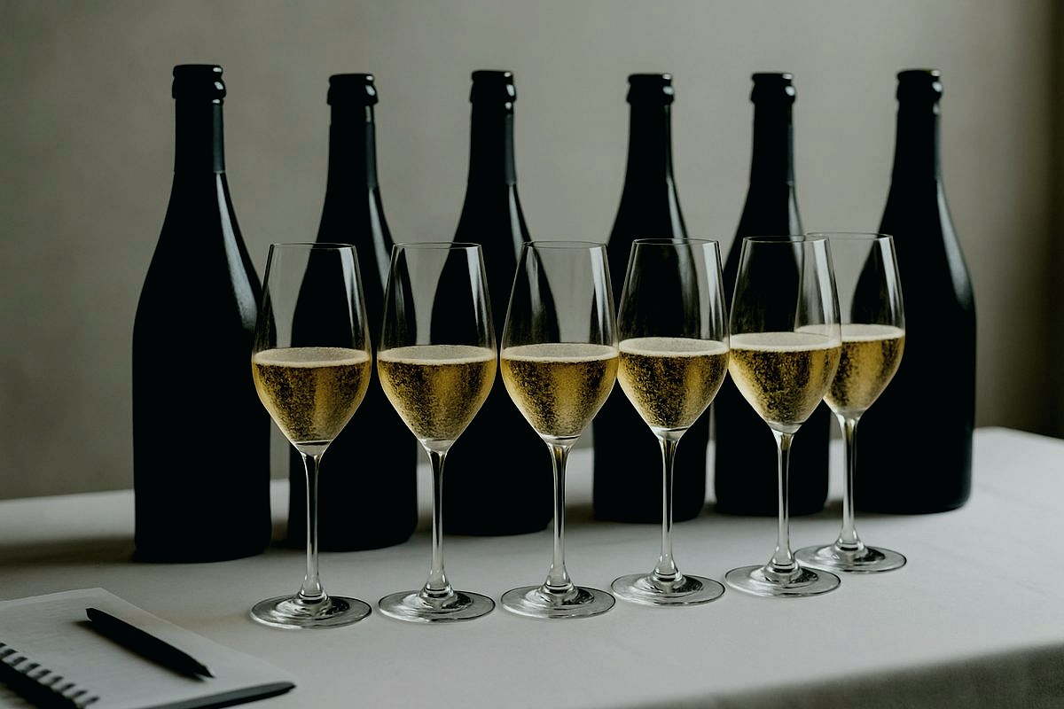 Taças de vinho espumante premium em degustação às cegas com garrafas sem rótulo visível