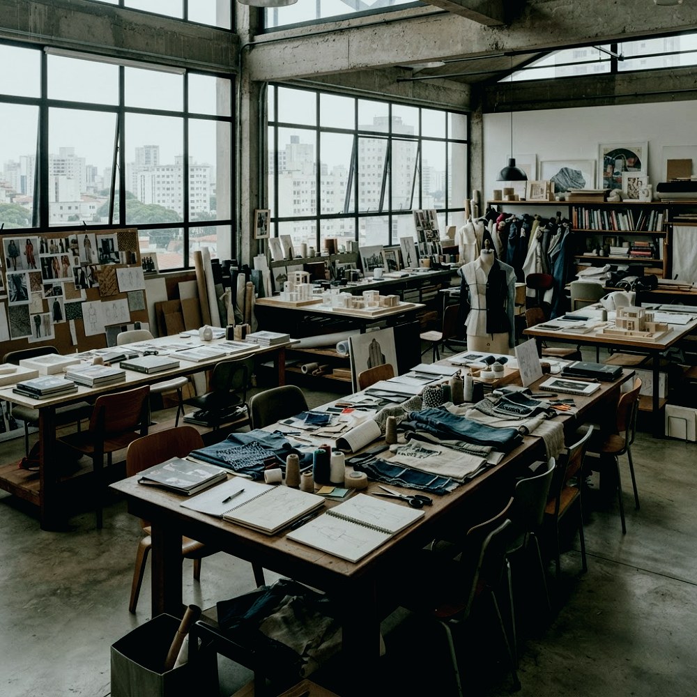 Estúdio de design contemporâneo com materiais criativos, protótipos e mesas de workshop