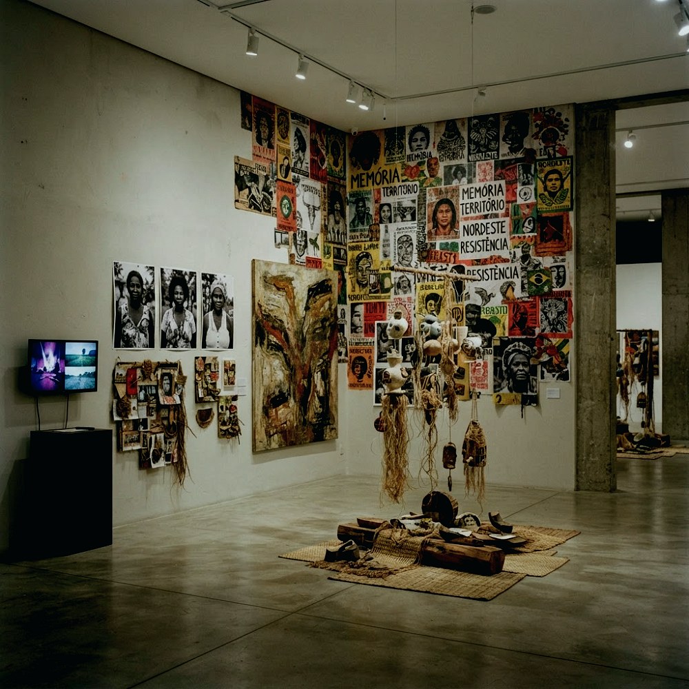 Exposição de arte contemporânea brasileira com pinturas, fotografias, colagens e instalações