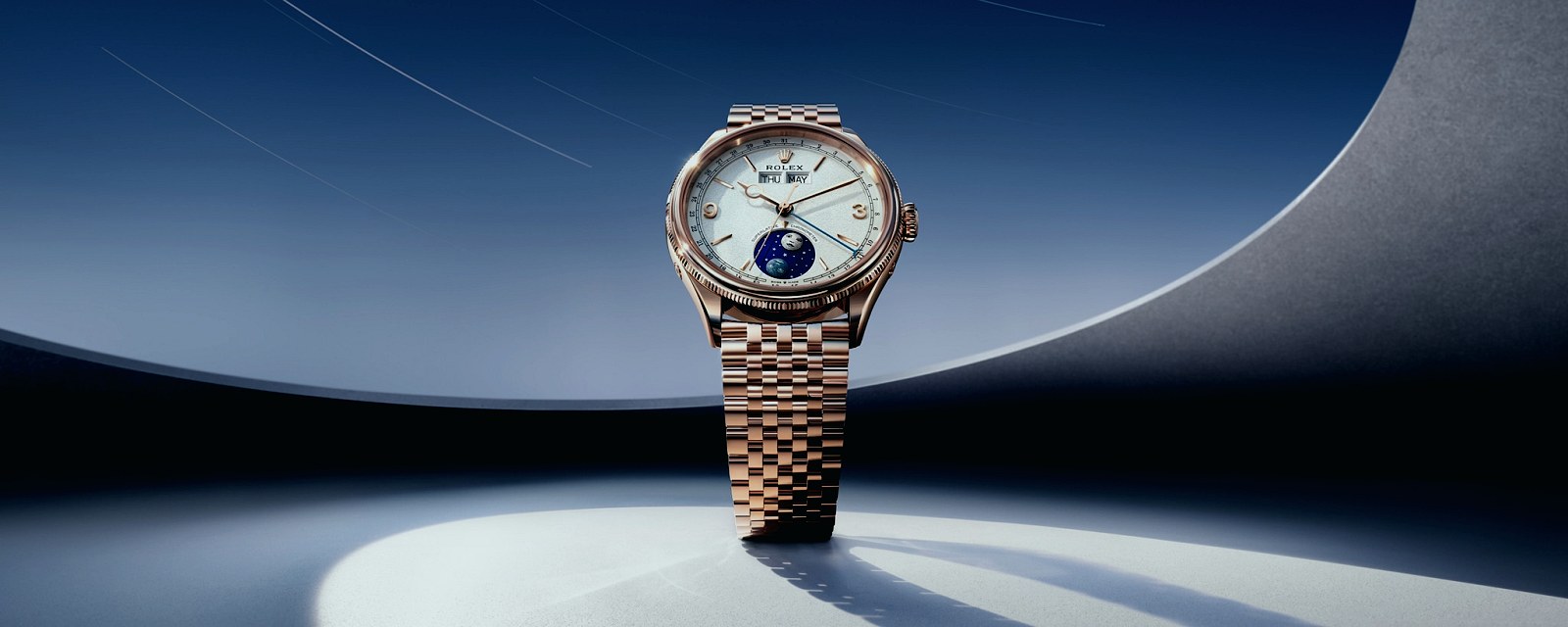 Rolex Perpetual Padellone em ouro Everose, com calendário anual e fases da Lua