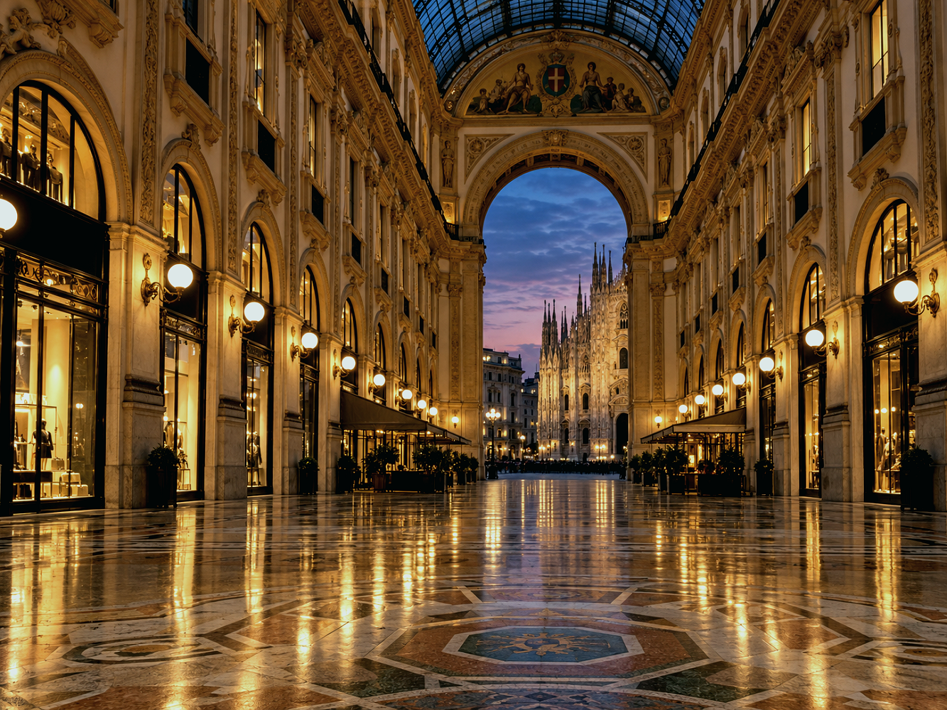 Galleria Vittorio Emanuele II em Milão ao entardecer, imagem editorial de apoio ao Vogue World
